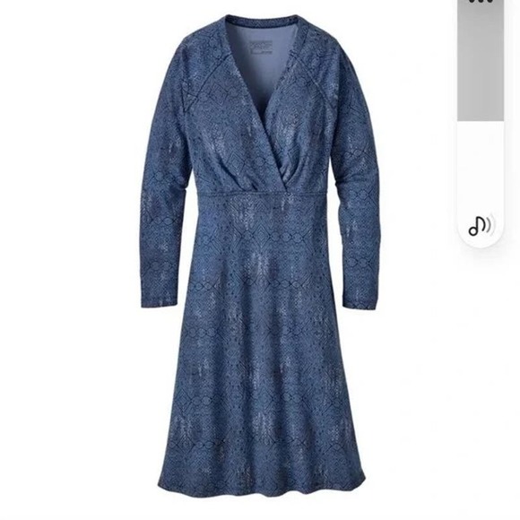 Patagonia Metairie Dress M Surplice V Neck Organic Cotton A Line Flare Navy Blue - Picture 1 of 13